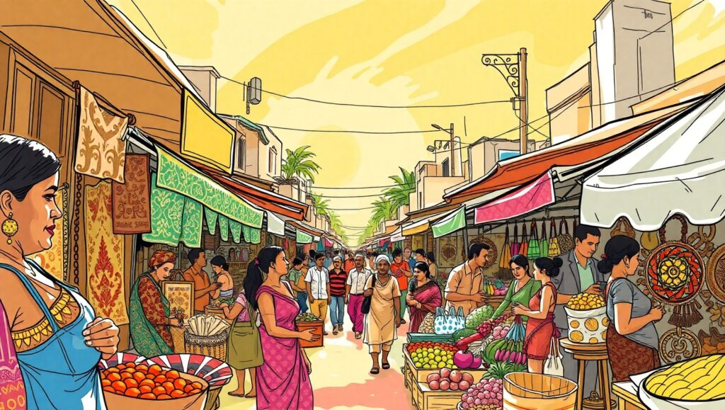 Dynamic Market Scene in Sketch Style – free AI stock image
