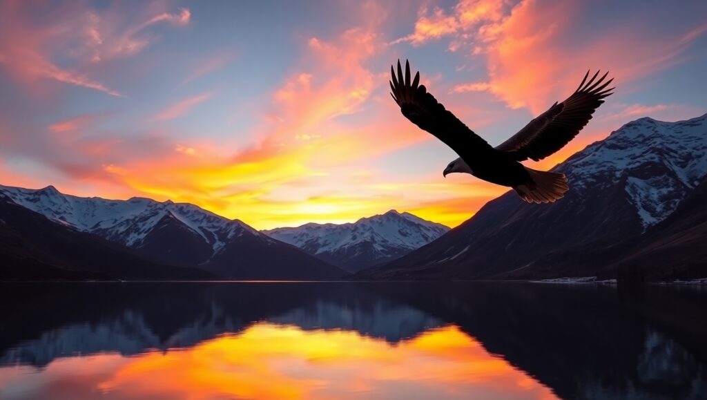 Eagle Above Mountain Sunset – free AI stock image