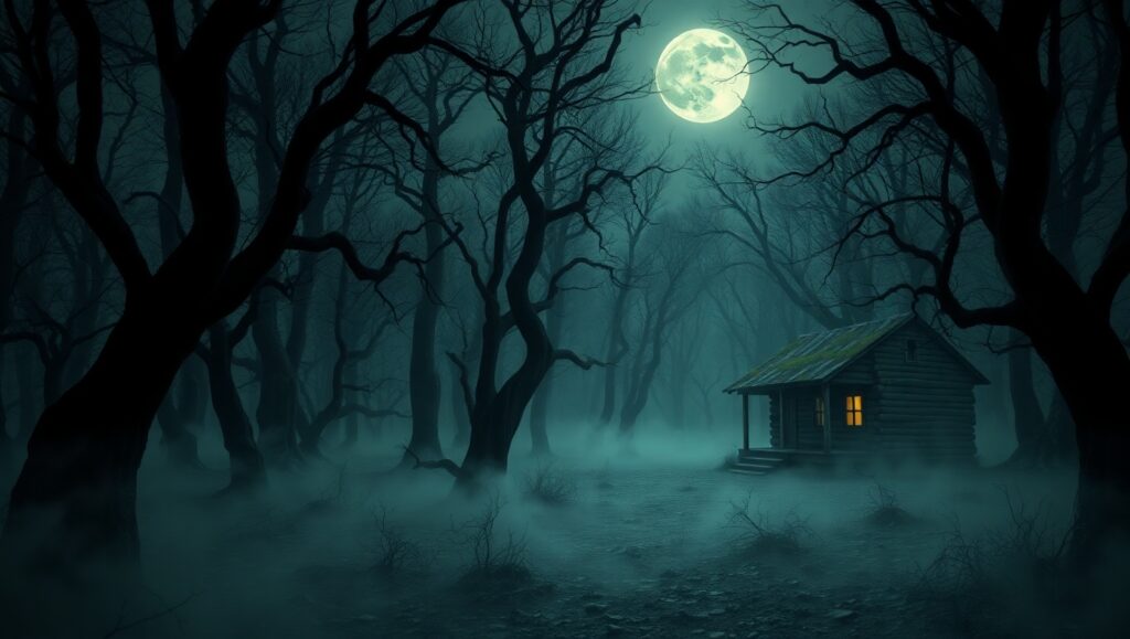 Eerie Cabin in the Haunted Woods – free AI stock image