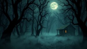 Eerie Cabin in the Haunted Woods – free AI stock image