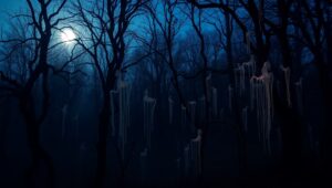 Eerie Forest of Ghostly Figures – free AI stock image