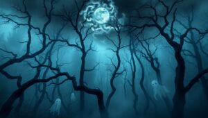 Eerie Ghosts in the Foggy Forest – free AI stock image