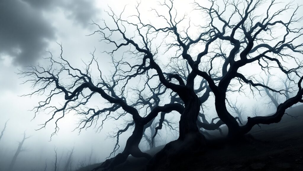 Eerie Monochrome Forest Scene – free AI stock image