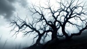 Eerie Monochrome Forest Scene – free AI stock image