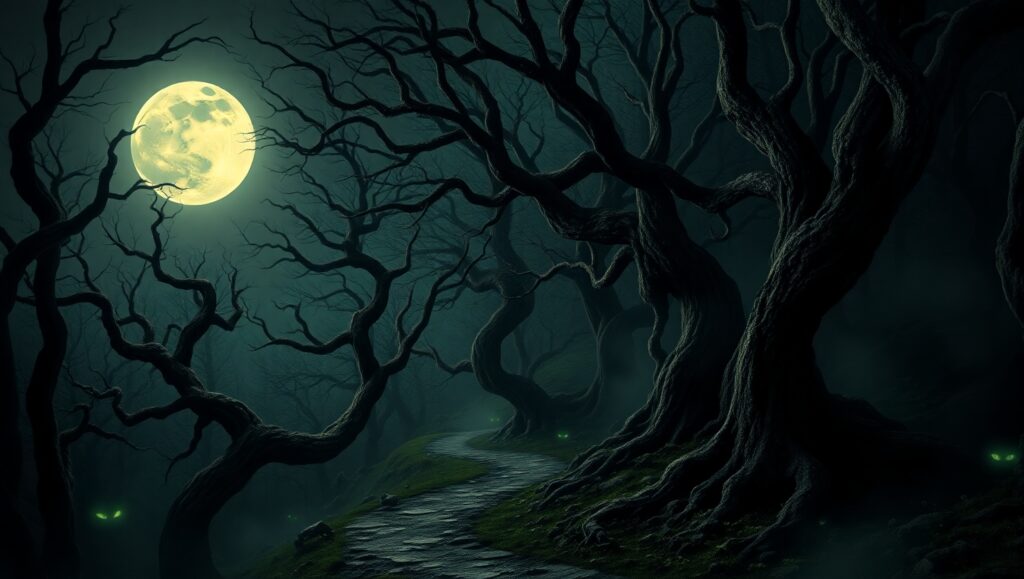 Eerie Night in a Haunted Forest OOu – free AI stock image