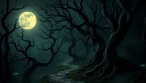 Eerie Night in a Haunted Forest OOu – free AI stock image