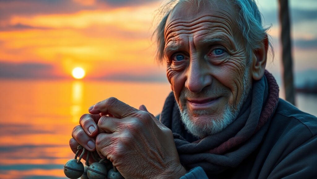 Elderly Fisherman’s Sunset Reflection – free AI stock image