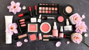 Elegant Cosmetic Flatlay Arrangement – free AI stock image