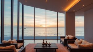Elegant Living Room at Sunset – free AI stock image