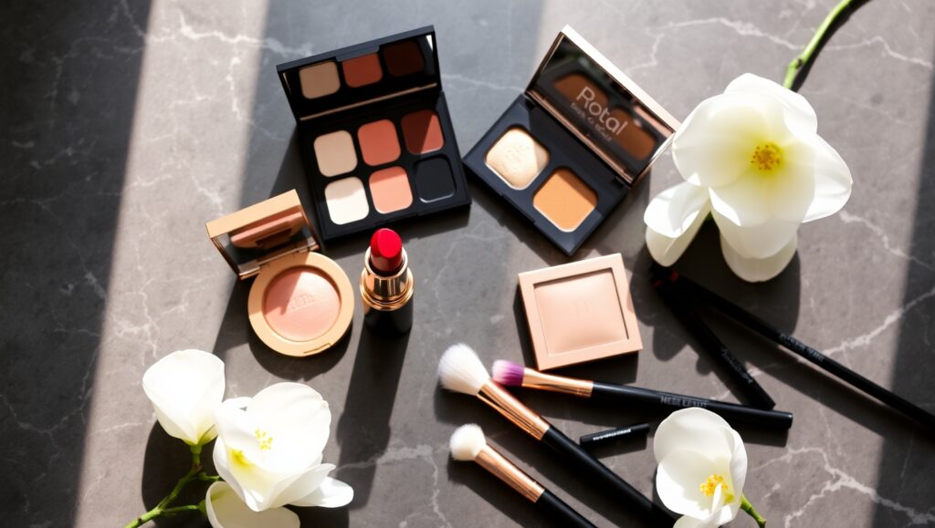 Elegant Makeup Flatlay Composition – free AI stock image