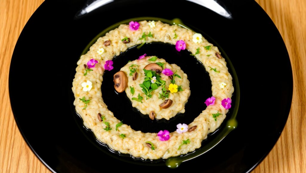 Elegantly Plated Mushroom Risotto Creation – free AI stock image