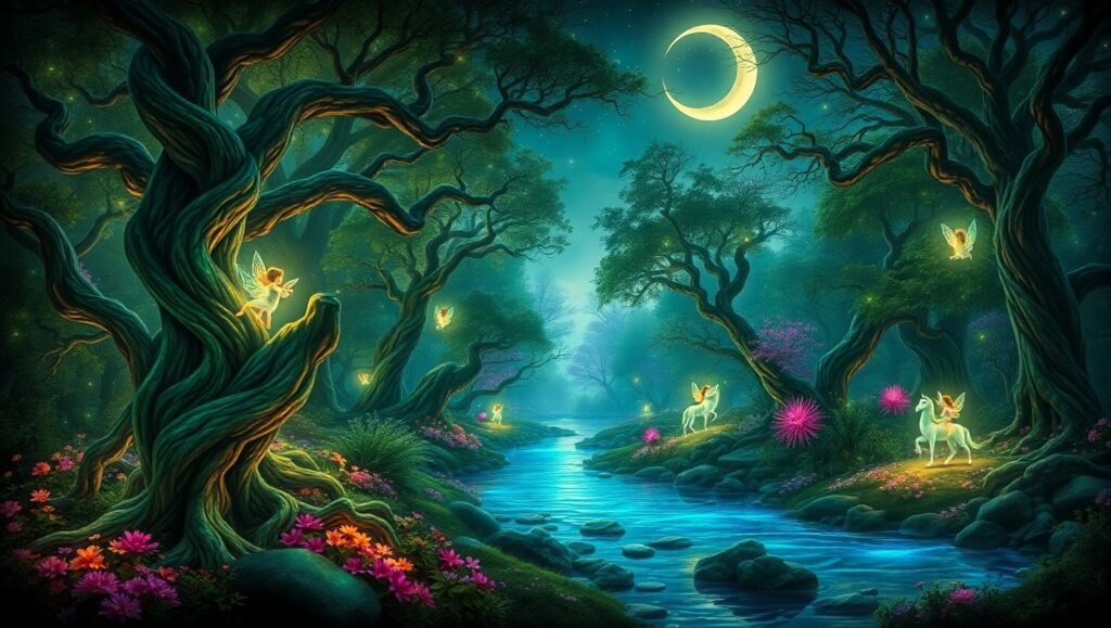Enchanted Bioluminescent Forest Scene – free AI stock image
