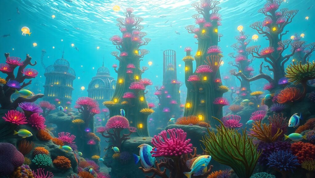 Enchanted Coral City Beneath Waves – free AI stock image