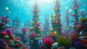 Enchanted Coral City Beneath Waves – free AI stock image