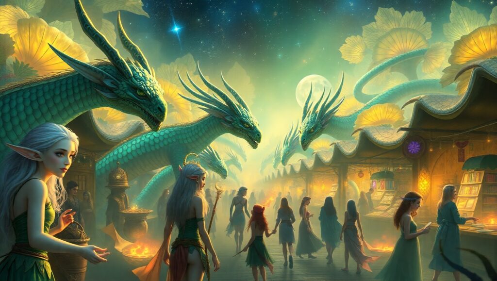 Enchanted Elven Marketplace Under Stars – free AI stock image