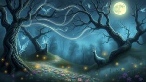 Enchanted Forest Light Trails – free AI stock image