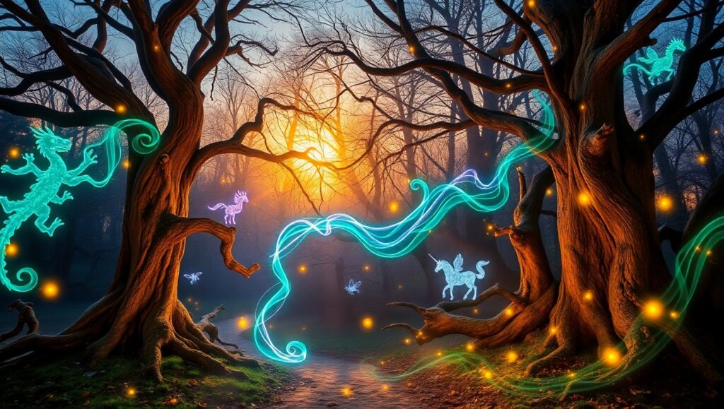 Enchanted Forest Light Trails pIv – free AI stock image