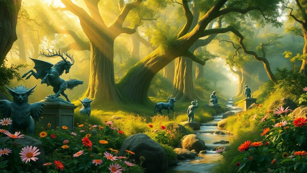 Enchanted Forest of Bronze Creatures – free AI stock image