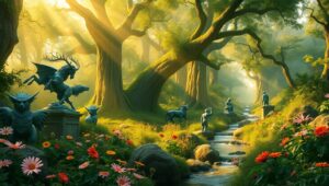 Enchanted Forest of Bronze Creatures – free AI stock image