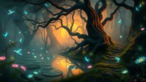 Enchanted Forest of Luminescent Creatures – free AI stock image
