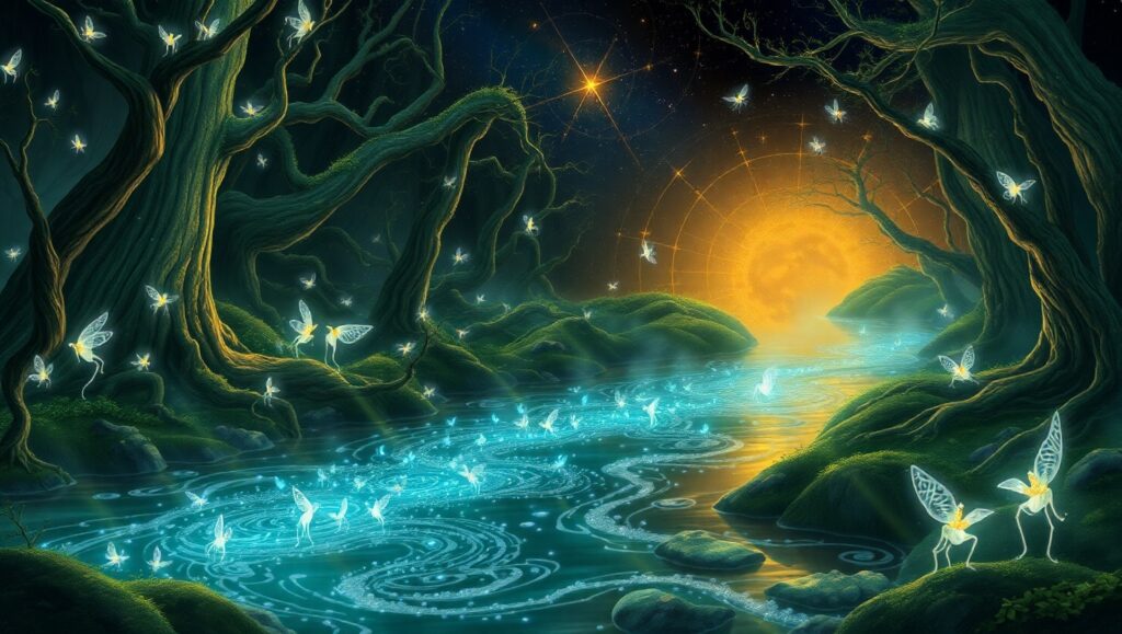 Enchanted Forest of Luminous Beings – free AI stock image