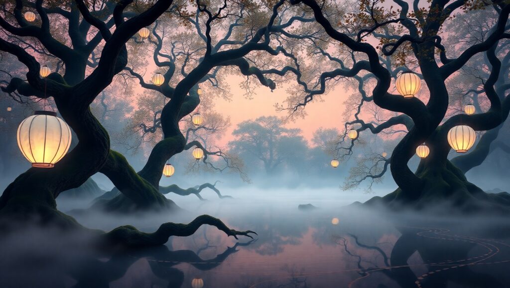 Enchanted Forest with Floating Lanterns – free AI stock image