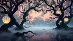 Enchanted Forest with Floating Lanterns – free AI stock image