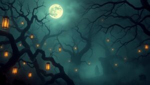 Enchanted Lanterns in a Haunted Forest – free AI stock image
