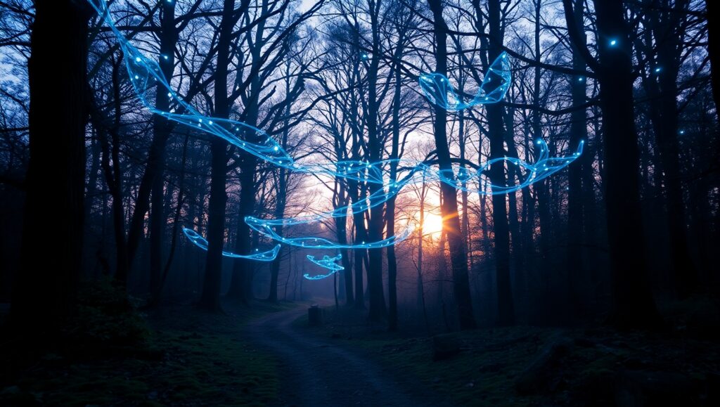 Enchanted Light Path in the Forest – free AI stock image