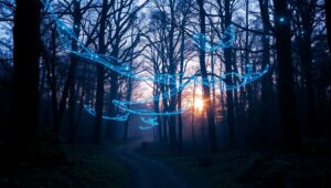Enchanted Light Path in the Forest – free AI stock image