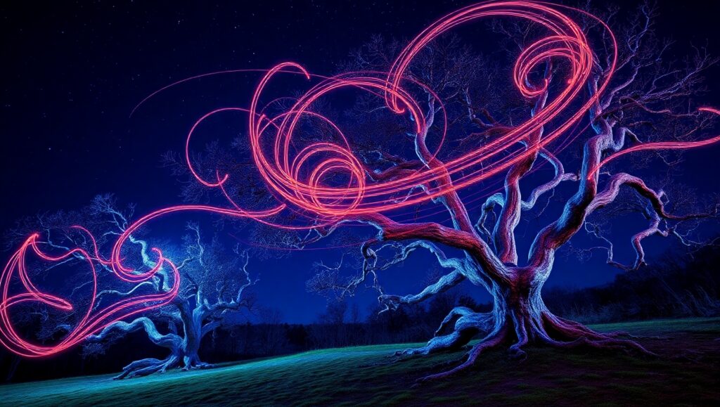 Enchanted Night Light Trails – free AI stock image