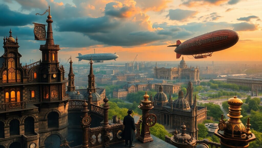 Enchanted Steampunk Cityscape – free AI stock image