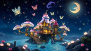 Enchanted Treehouse Village at Night – free AI stock image