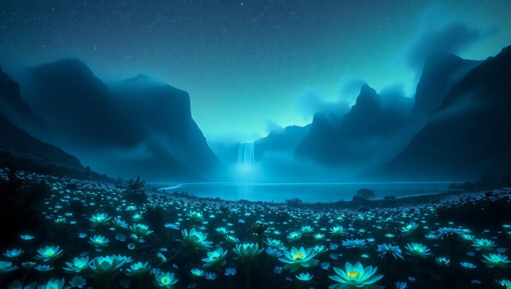 Enchanting Bioluminescent Valley Scene – free AI stock image