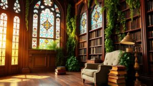 Enchanting Library with Nature’s Touch – free AI stock image