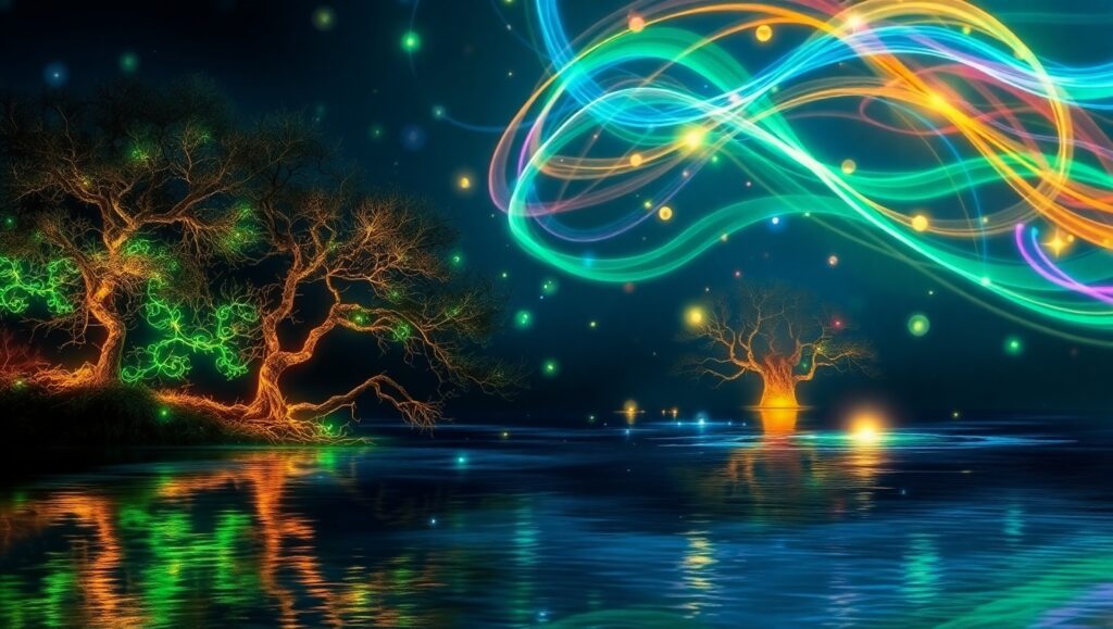 Enchanting Light Orbs Over Serene Lake – free AI stock image