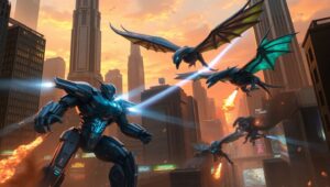 Epic Battle in Futuristic Skyline – free AI stock image