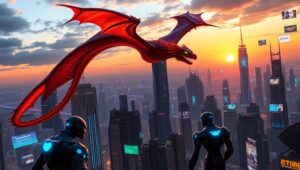 Epic Dragon Over Futuristic City hQe – free AI stock image
