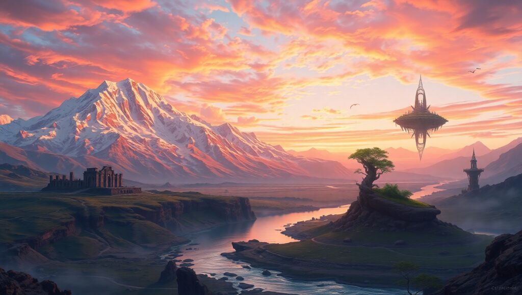 Epic Mountain Landscape at Sunset – free AI stock image