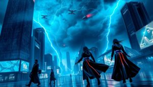 Epic Storm Over Futuristic City – free AI stock image