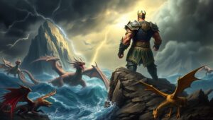 Epic Warrior Overlooking Stormy Ocean – free AI stock image