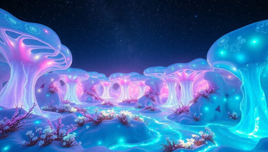 Ethereal Bioluminescent Waterfall Landscape – free AI stock image
