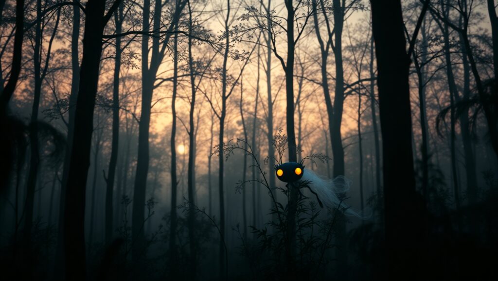Ethereal Creature in Silhouetted Forest – free AI stock image