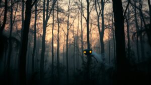Ethereal Creature in Silhouetted Forest – free AI stock image