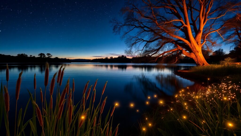 Ethereal Dusk Over Tranquil Lake – free AI stock image