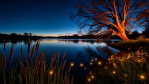 Ethereal Dusk Over Tranquil Lake – free AI stock image