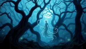 Ethereal Haunt in Foggy Woods – free AI stock image