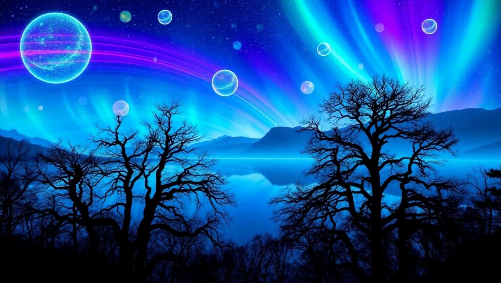 Ethereal Lake of Light Trails – free AI stock image