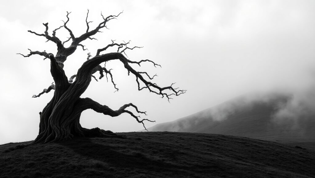 Ethereal Tree in Monochrome Mist – free AI stock image