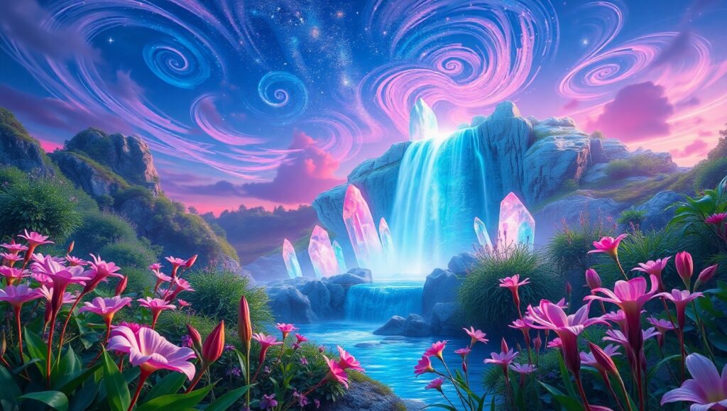 Ethereal Waterfall at Twilight – free AI stock image